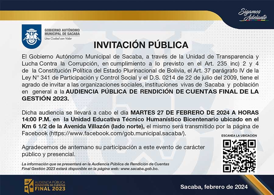 AUDIENCIA P&Uacute;BLICA DE RENDICI&Oacute;N DE CUENTAS FINAL- GESTI&Oacute;N 2023