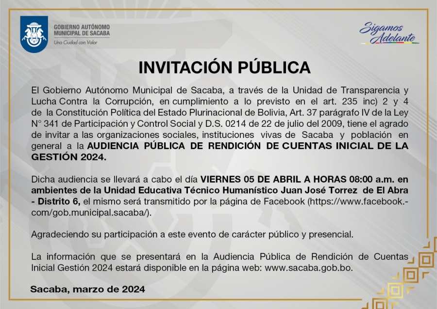 AUDIENCIA P&Uacute;BLICA DE RENDICI&Oacute;N DE CUENTAS INICIAL-GESTI&Oacute;N 2024