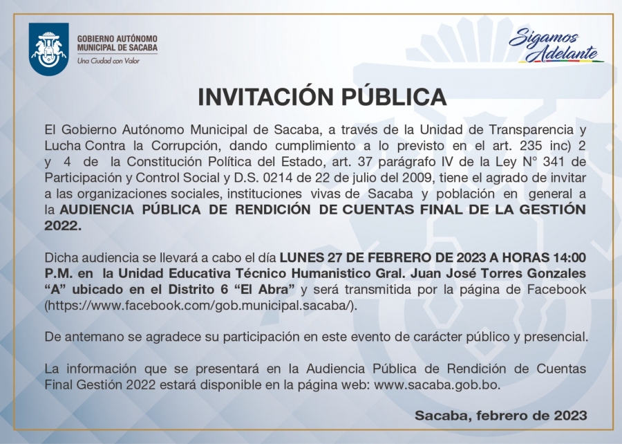 AUDIENCIA PUBLICA DE RENDICI&Oacute;N DE CUENTAS FINAL - GESTI&Oacute;N 2022